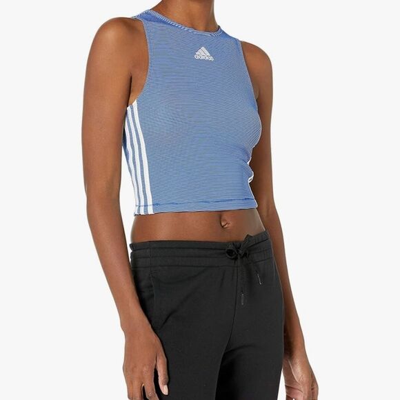 adidas Tops - Adidas Blue and White Striped Zippable Ribbed Crop Top Size L